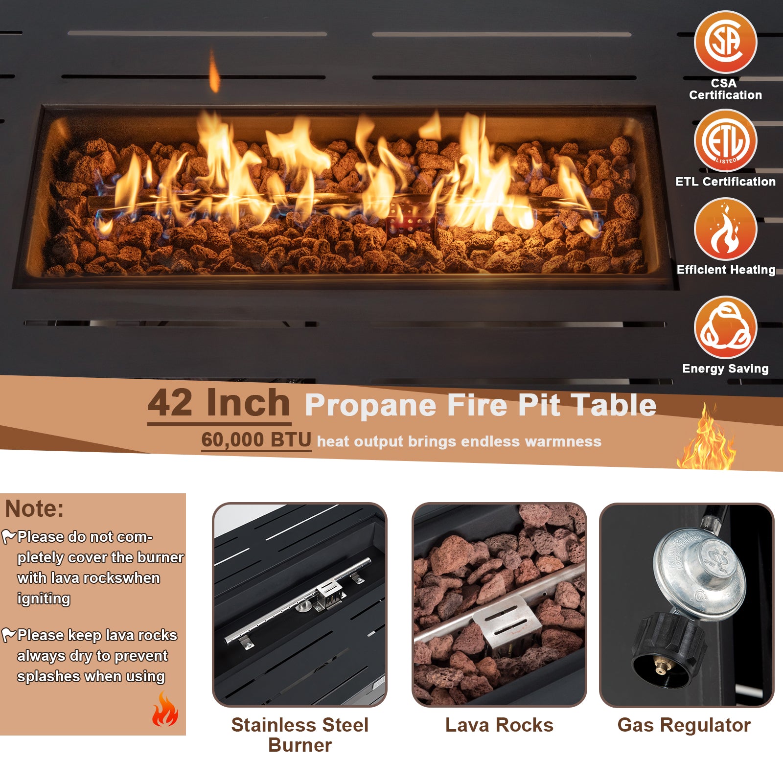 42 Inch 60 000 BTU Rectangular Propane Fire Pit Table with Waterproof Cover Fire Pit Tables at Gallery Canada