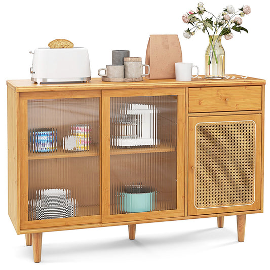 Modern Bamboo Buffet Sideboard Cabinet with Tempered Glass Sliding Doors, Natural - Gallery Canada