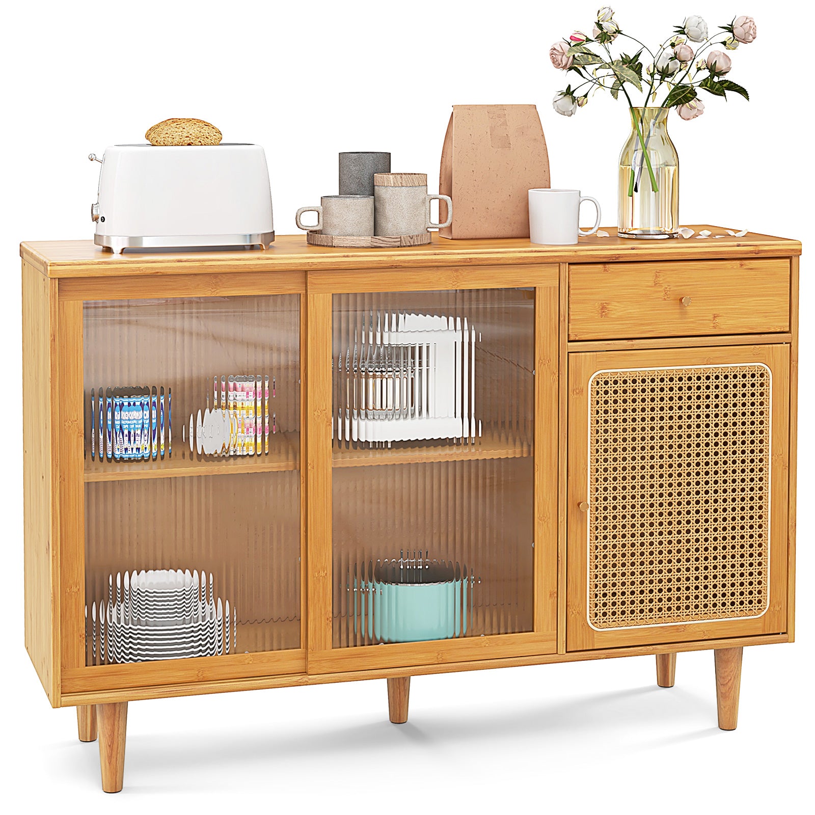 Modern Bamboo Buffet Sideboard Cabinet, Tempered Glass Sliding Doors, Natural Cabinets & Chests Natural at Gallery Canada