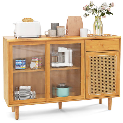 Modern Bamboo Buffet Sideboard Cabinet, Tempered Glass Sliding Doors, Natural Cabinets & Chests Natural at Gallery Canada