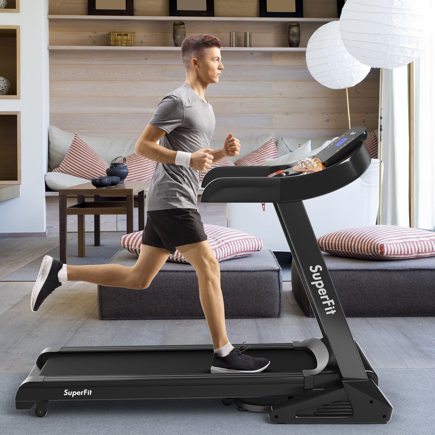 3.75HP Electric Folding Treadmill with Auto Incline 12 Program APP Control, Black Treadmills at Gallery Canada