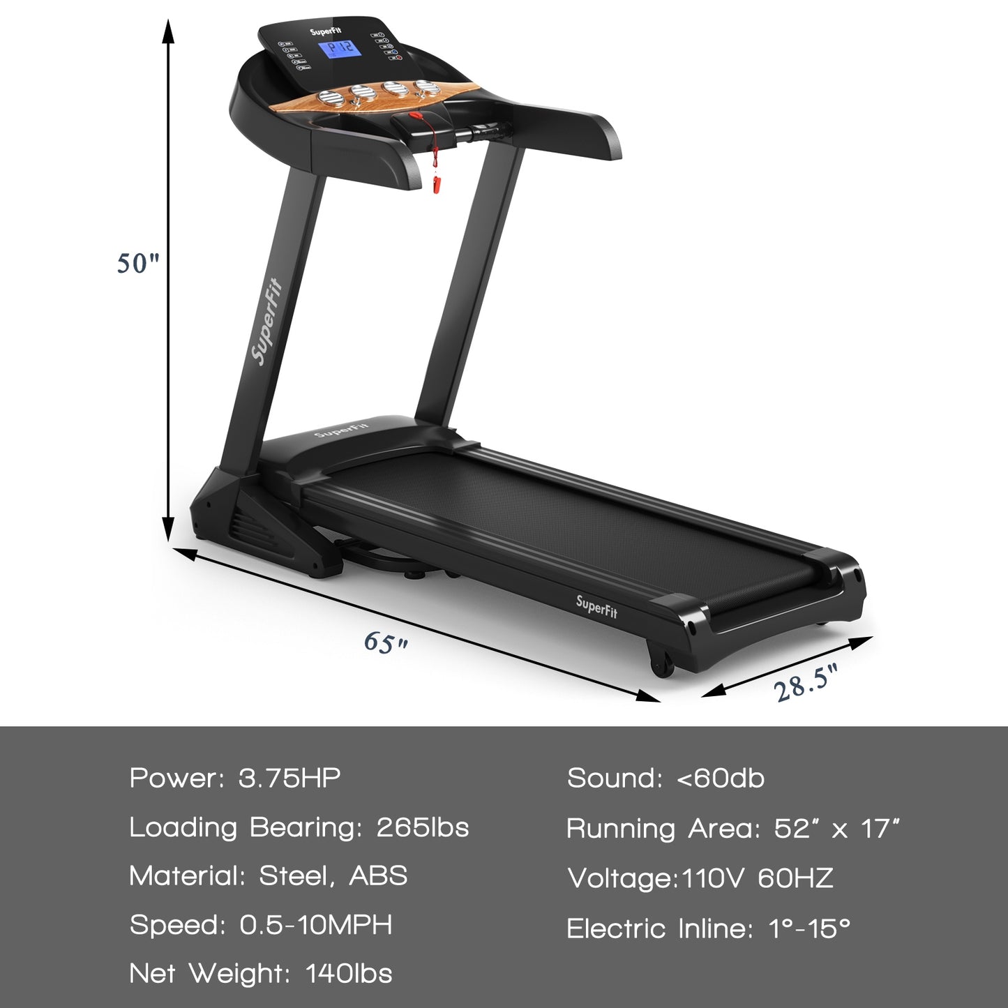 3.75HP Electric Folding Treadmill with Auto Incline 12 Program APP Control, Black Treadmills at Gallery Canada