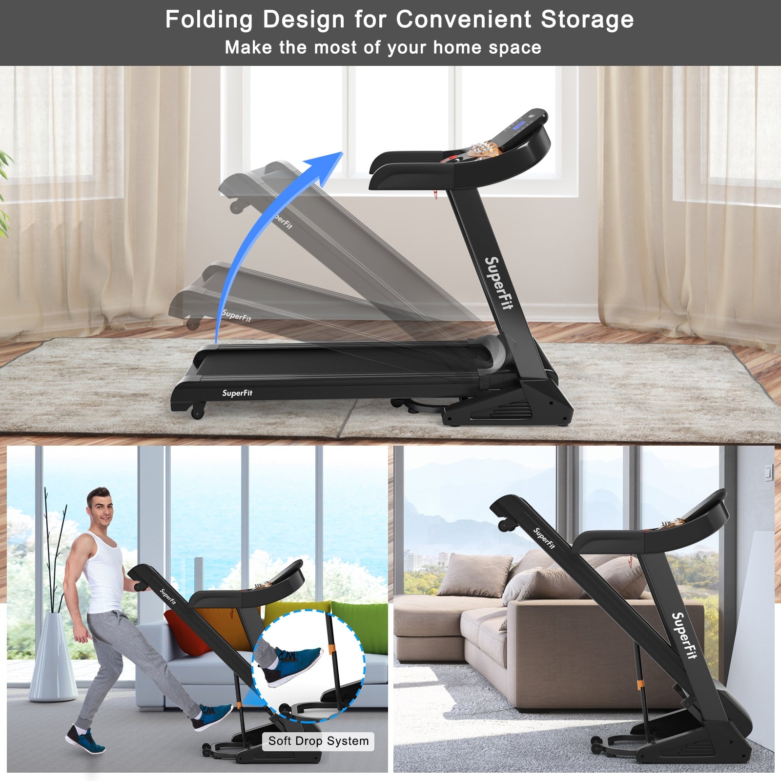 3.75HP Electric Folding Treadmill with Auto Incline 12 Program APP Control, Black Treadmills at Gallery Canada