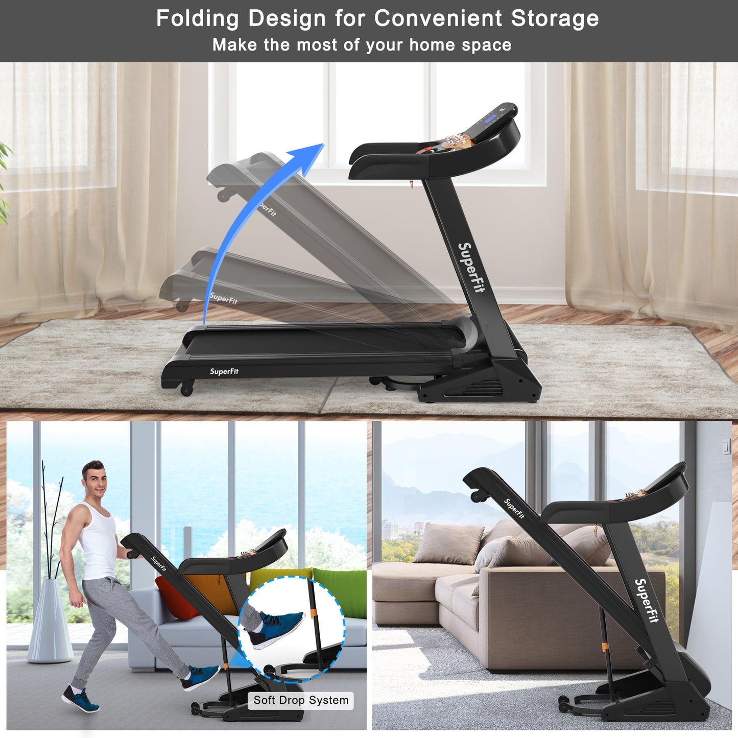 3.75HP Electric Folding Treadmill with Auto Incline 12 Program APP Control, Black Treadmills at Gallery Canada