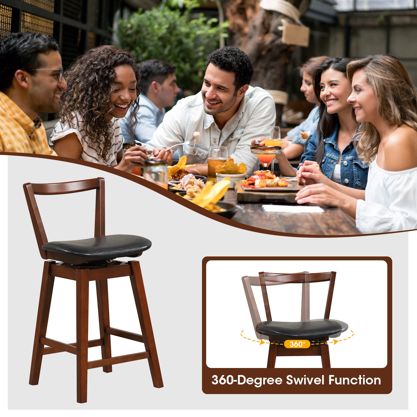 Swivel Upholstered PU Leather Stool with Backrest and Cushioned Seat-26 inches, Brown Bar Stools at Gallery Canada