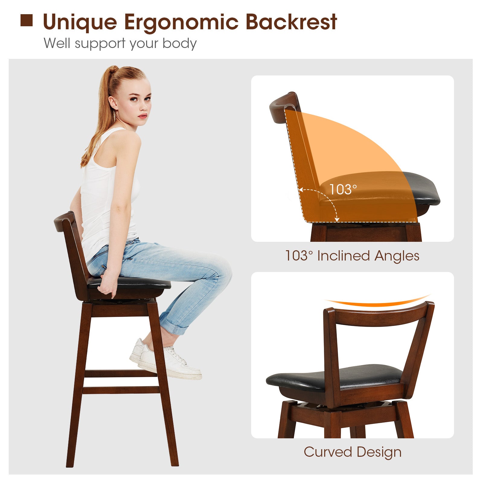 Swivel Upholstered PU Leather Stool with Backrest and Cushioned Seat-30.5 inches, Brown Bar Stools at Gallery Canada