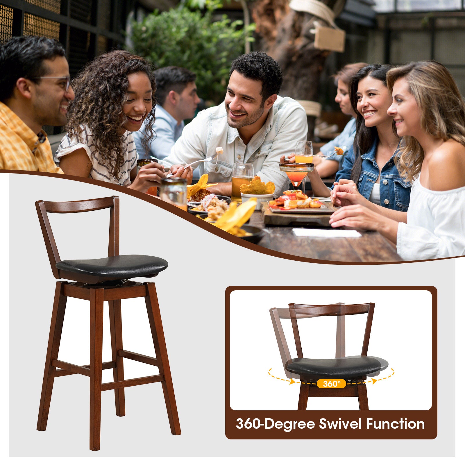 Swivel Upholstered PU Leather Stool with Backrest and Cushioned Seat-30.5 inches, Brown Bar Stools at Gallery Canada