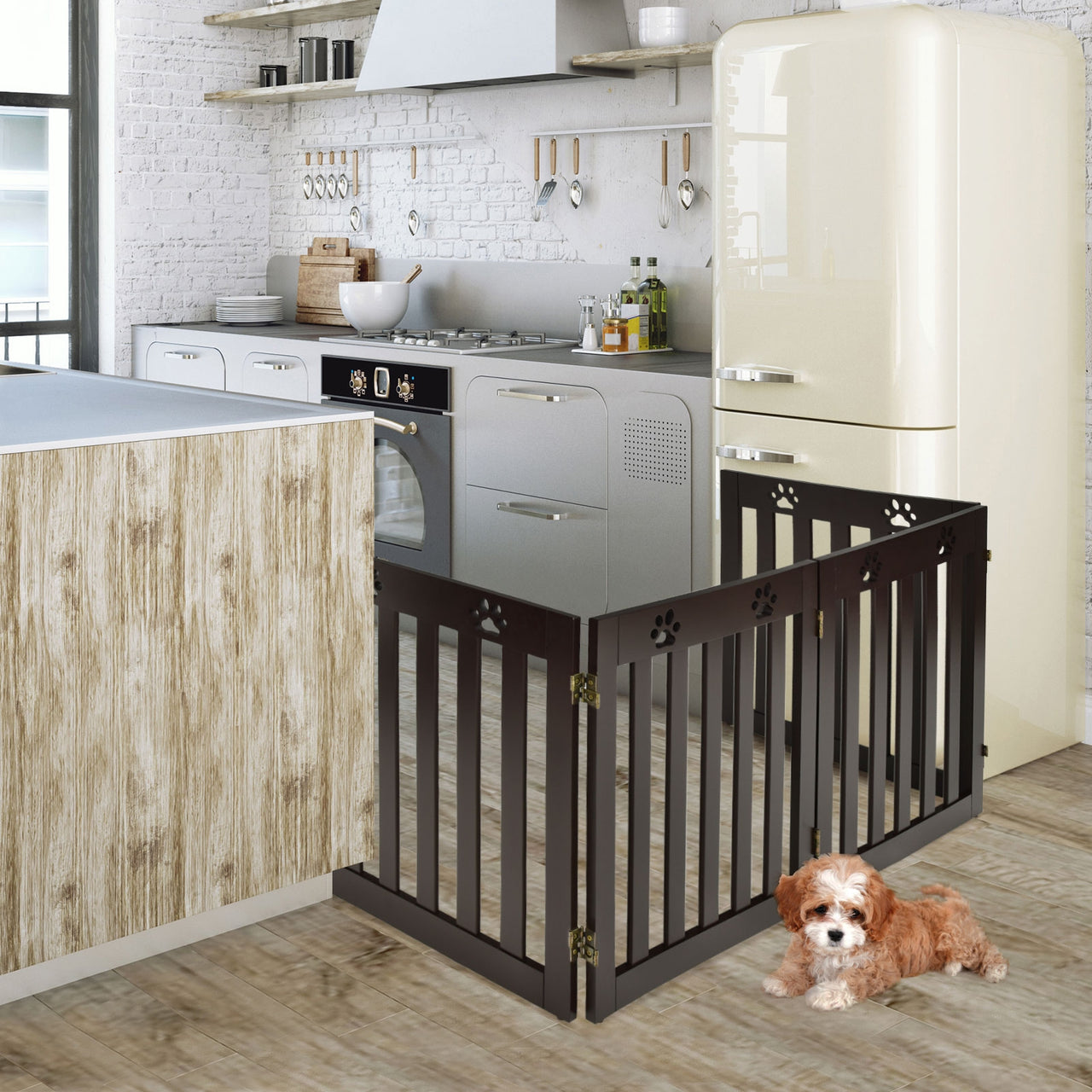 24 Inch Folding Wooden Freestanding Pet Gate Dog Gate with 360° Hinge  - Gallery View 9 of 15