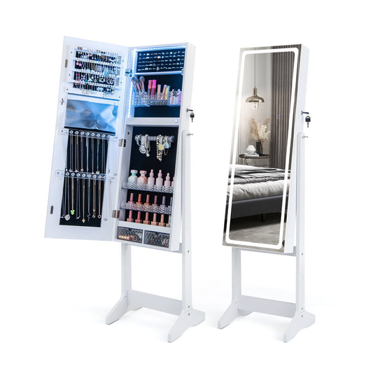 Lockable Jewelry Armoire Standing Cabinet with Lighted Full-Length Mirror, White