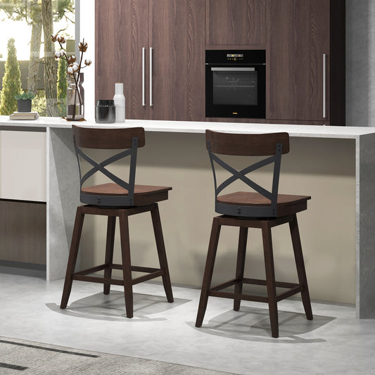 Set of 2 Wooden Swivel Bar Stools with Open X Back and Footrest-24 inches, Brown Bar Stools 24 inches at Gallery Canada