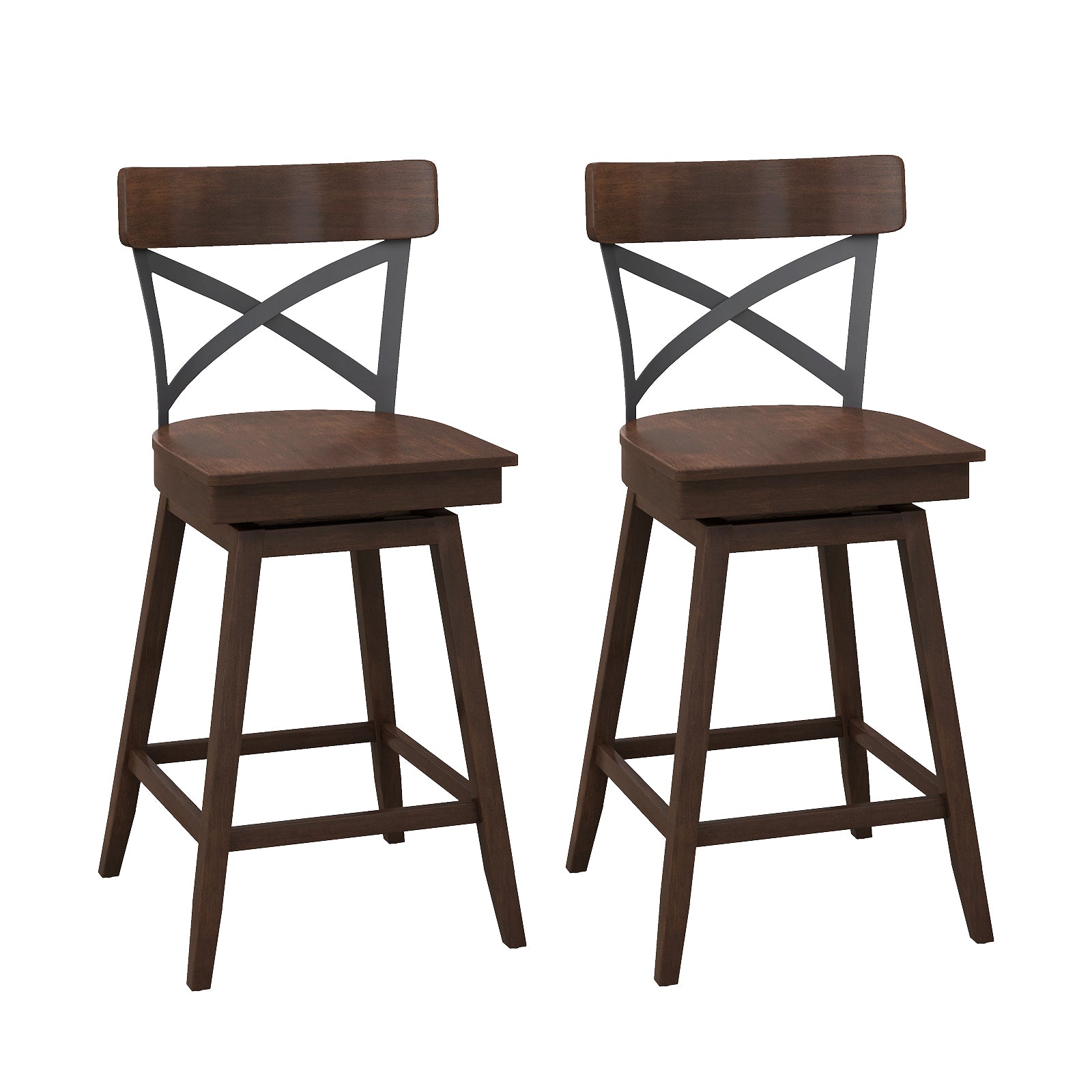Set of 2 Wooden Swivel Bar Stools with Open X Back and Footrest-24 inches, Brown Bar Stools 24 inches at Gallery Canada