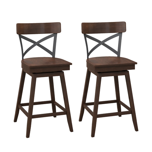 Set Of 2 Wooden Swivel Bar Stools, 24 Inches, Brown
