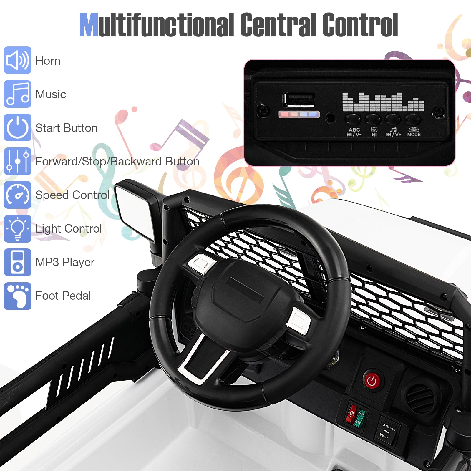 12V Kids Ride On Truck with Remote Control and Headlights, White Powered Ride On Toys at Gallery Canada