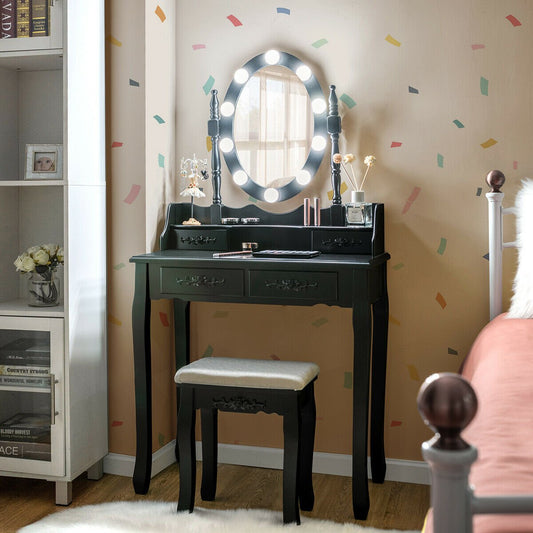 Makeup Dressing Table with Touch Switch Lighted Mirror and Cushioned Stool, Black - Gallery Canada