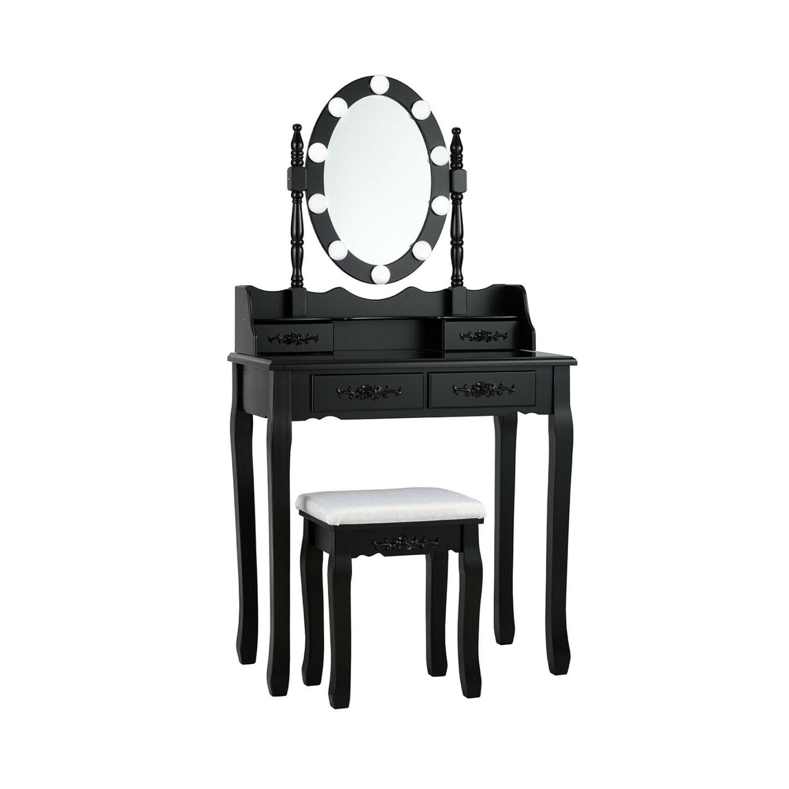 Makeup Dressing Table with Touch Switch Lighted Mirror and Cushioned Stool, Black Makeup Vanities at Gallery Canada