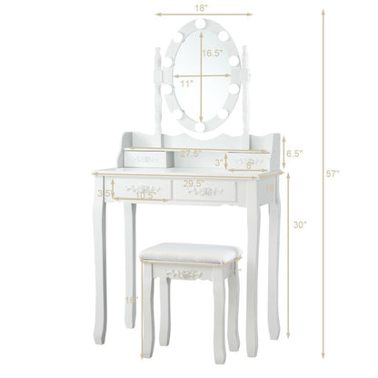 Makeup Dressing Table with Touch Switch Lighted Mirror and Cushioned Stool, White - Gallery Canada