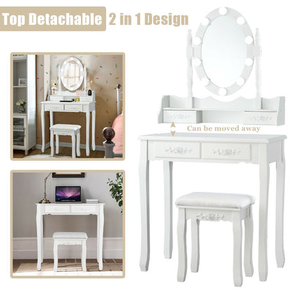 Makeup Dressing Table with Touch Switch Lighted Mirror and Cushioned Stool, White - Gallery Canada