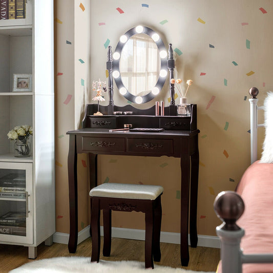 Makeup Dressing Table with Touch Switch Lighted Mirror and Cushioned Stool, Brown - Gallery Canada