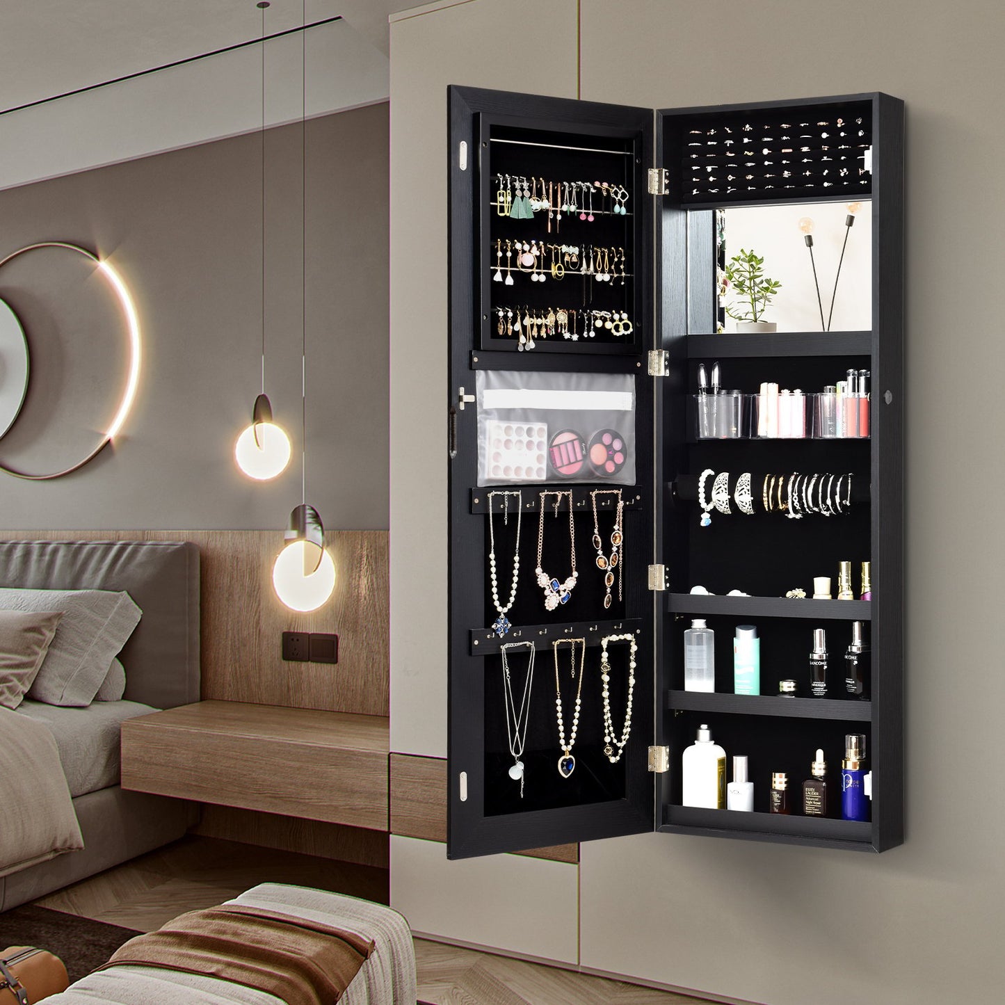 Lockable Storage Jewelry Cabinet  with Frameless Mirror, Black - Gallery Canada