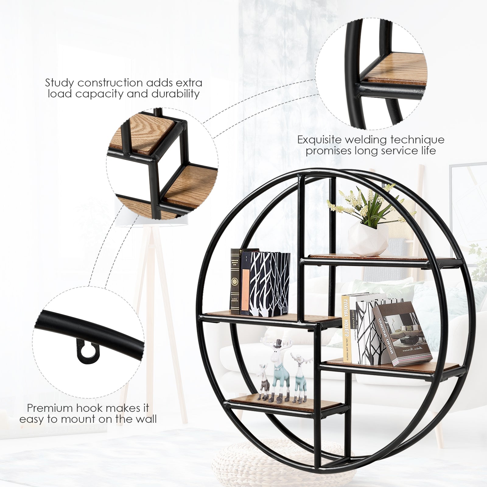 Hanging Storage Shelf Circular Wall-Mounted 4-Tier Rack, Black Bookcases at Gallery Canada