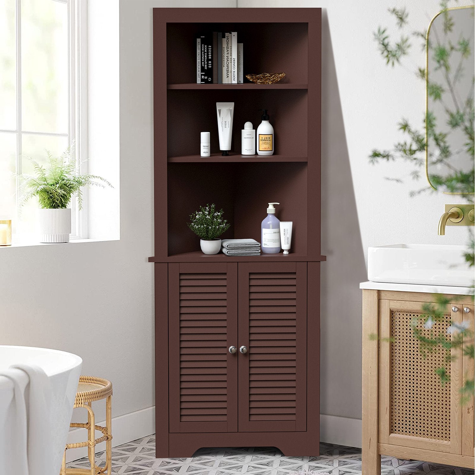 Free Standing Tall Bathroom Corner Storage Cabinet with 3 Shelves, Brown - Gallery Canada