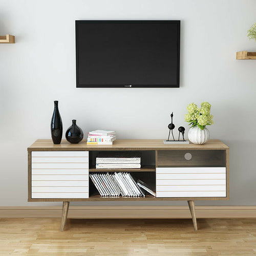 Mid-Century Modern TV Stand for TVs up to 65 Inch, Walnut & White