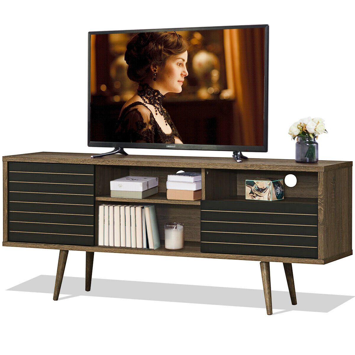Mid-Century Modern TV Stand for TVs up to 65 Inch with Storage Shelves, Walnut - Gallery Canada