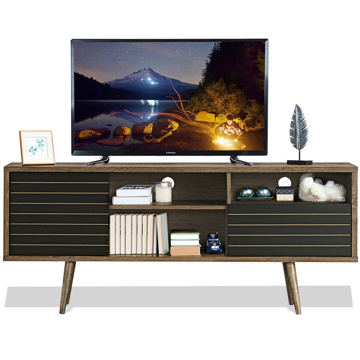 Mid-Century Modern TV Stand for TVs up to 65 Inch with Storage Shelves, Walnut - Gallery Canada