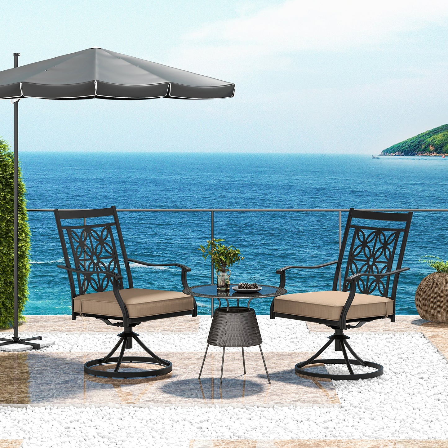 2 Pieces Patio Swivel Dining Chairs with Blossom Pattern Backrest and Cushions, Black Patio Dining Chairs at Gallery Canada
