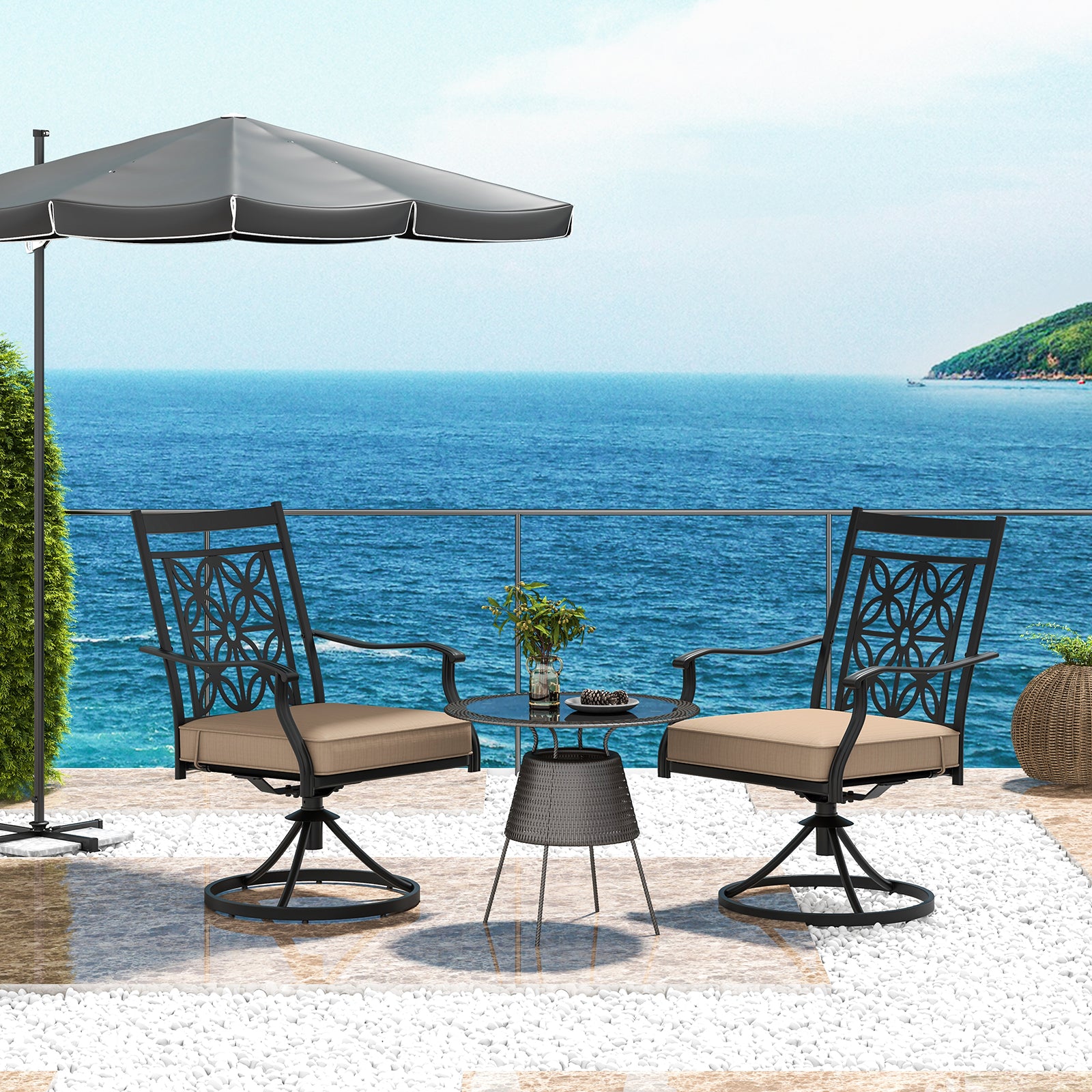 2 Pieces Patio Swivel Dining Chairs with Blossom Pattern Backrest and Cushions, Black Patio Dining Chairs at Gallery Canada