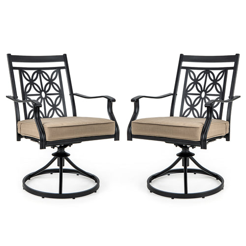 2 Pieces Patio Swivel Dining Chairs with Blossom Pattern Backrest and Cushions, Black
