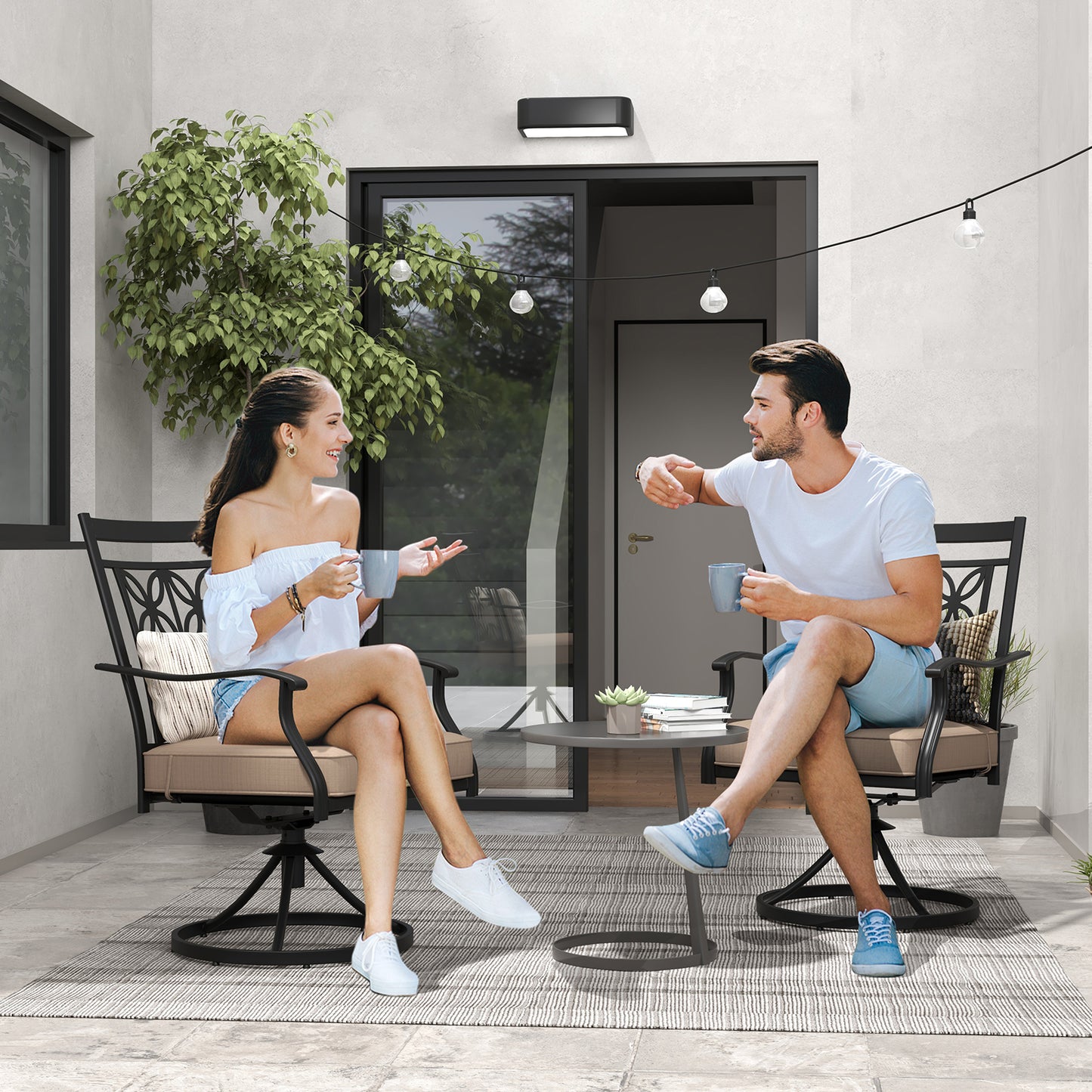 2 Pieces Patio Swivel Dining Chairs with Blossom Pattern Backrest and Cushions, Black Patio Dining Chairs at Gallery Canada