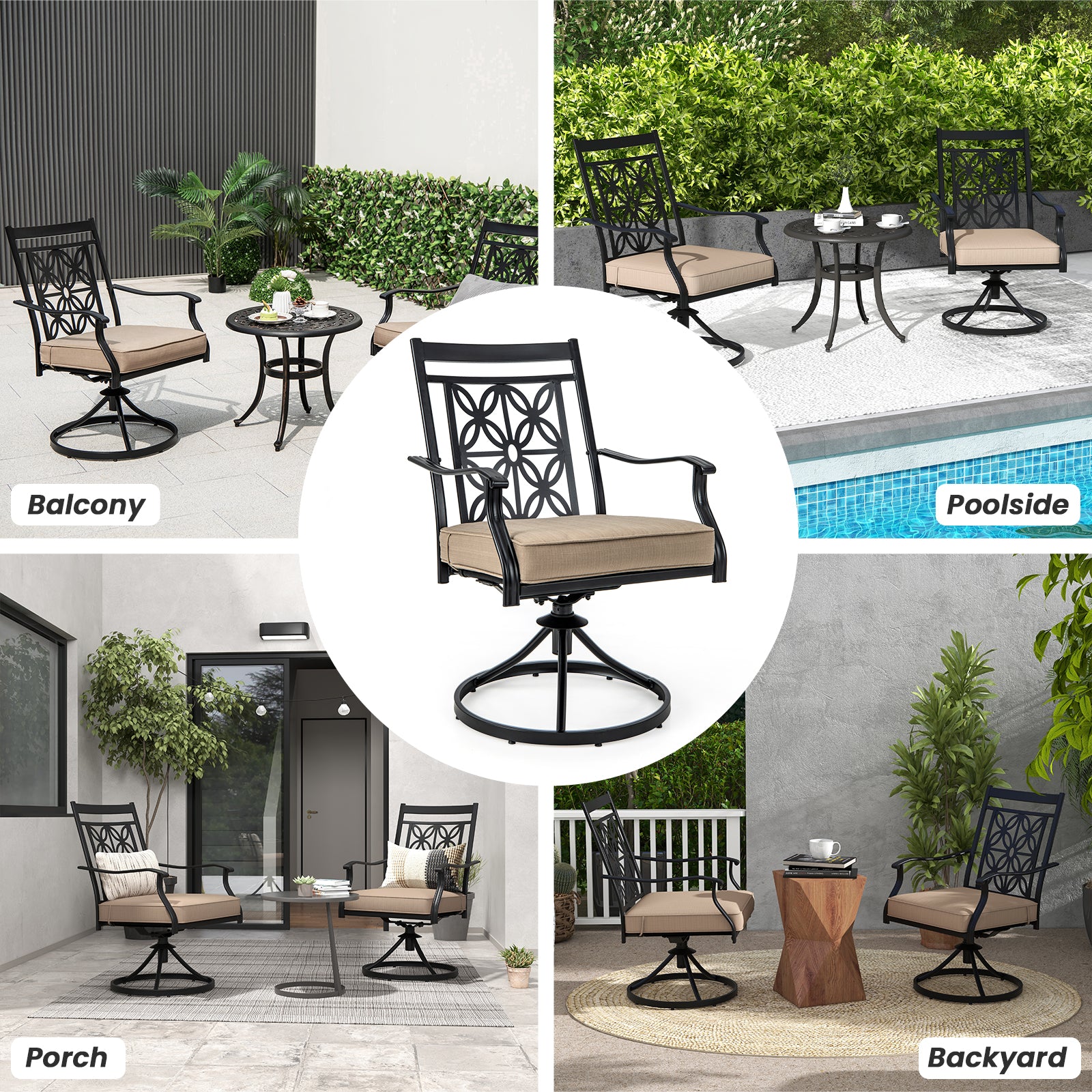 2 Pieces Patio Swivel Dining Chairs with Blossom Pattern Backrest and Cushions, Black Patio Dining Chairs at Gallery Canada