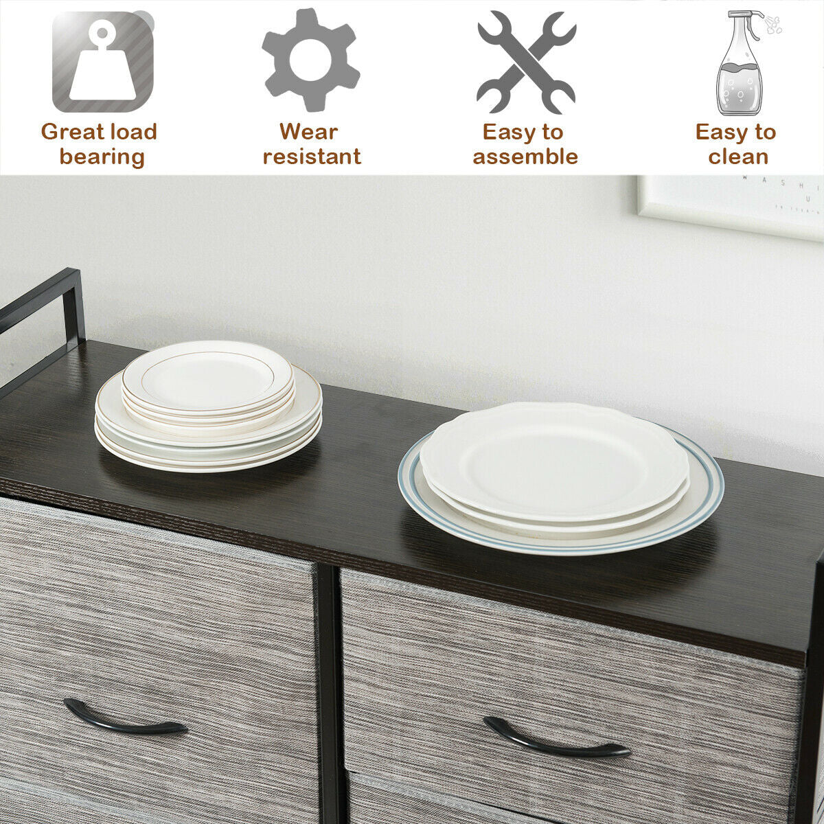 5 Fabric Drawers Dresser, Metal Frame, Wooden Top, Gray