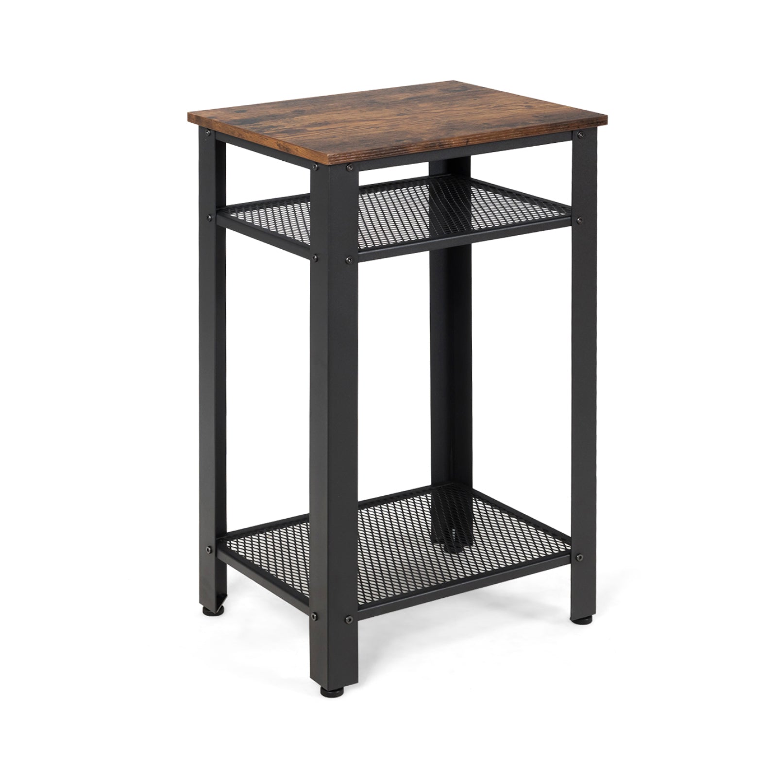 3-Tier Industrial End Table with Metal Mesh Storage Shelves, Rustic Brown Nightstands Rustic Brown at Gallery Canada