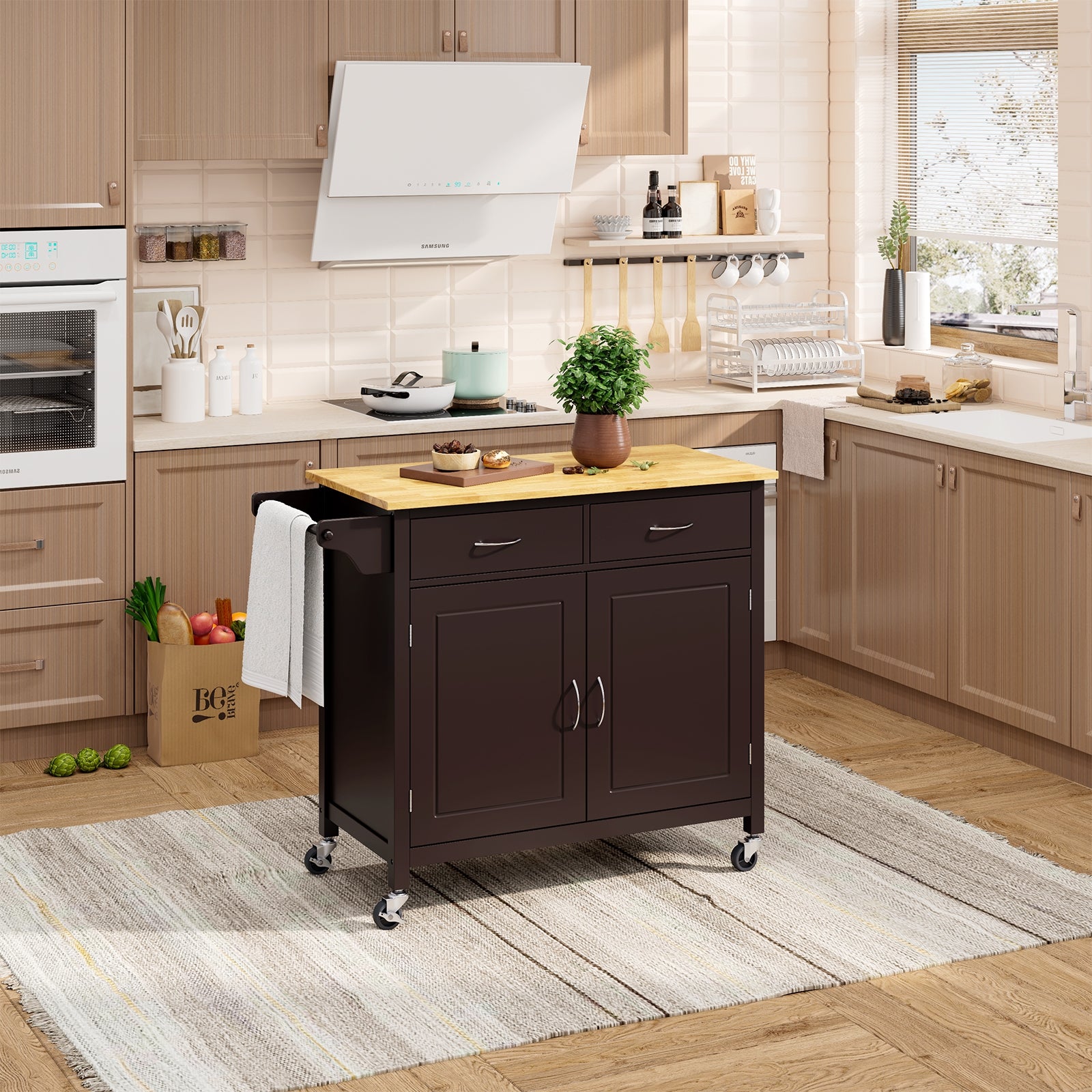 Modern Rolling Kitchen Cart Island with Wooden Top, Brown Kitchen Islands & Carts at Gallery Canada