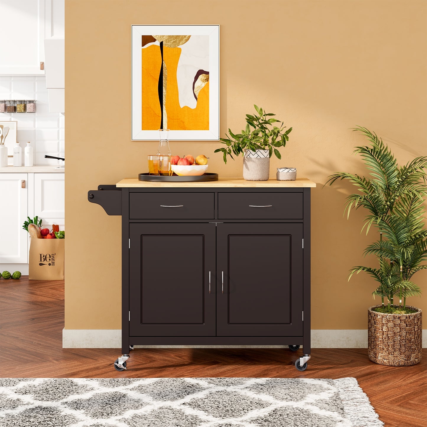 Modern Rolling Kitchen Cart Island with Wooden Top, Brown Kitchen Islands & Carts at Gallery Canada
