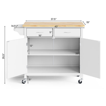 Modern Rolling Kitchen Cart Island with Wooden Top, White - Gallery Canada