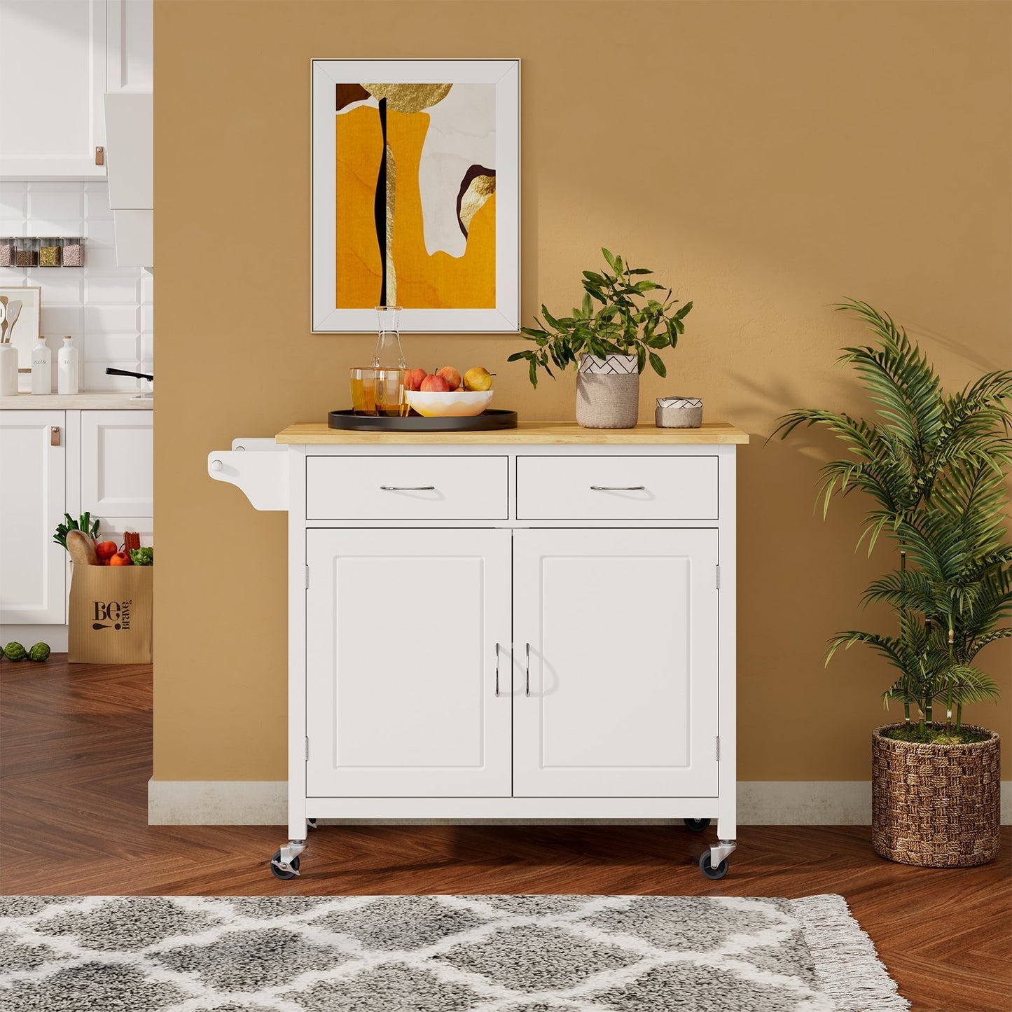 Modern Rolling Kitchen Cart Island with Wooden Top, White - Gallery Canada