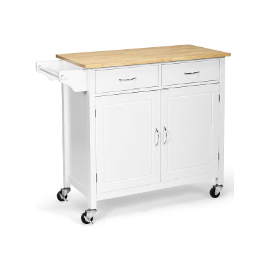 Modern Rolling Kitchen Cart Island, Wooden Top, White