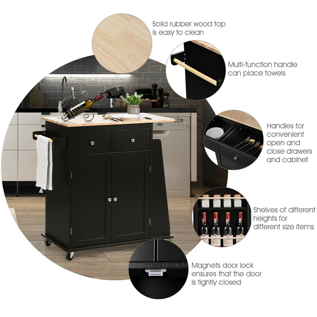 Rubber Wood Countertop Rolling Kitchen Island Cart, Black Kitchen Islands & Carts at Gallery Canada