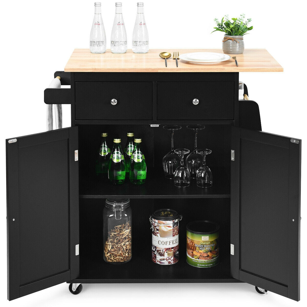 Rubber Wood Countertop Rolling Kitchen Island Cart, Black Kitchen Islands & Carts at Gallery Canada
