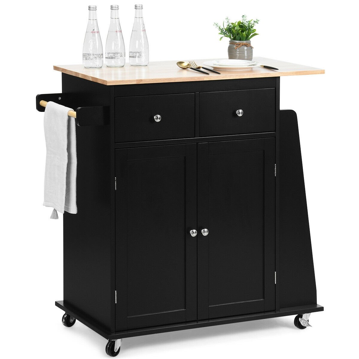 Rubber Wood Countertop Rolling Kitchen Island Cart, Black - Gallery Canada