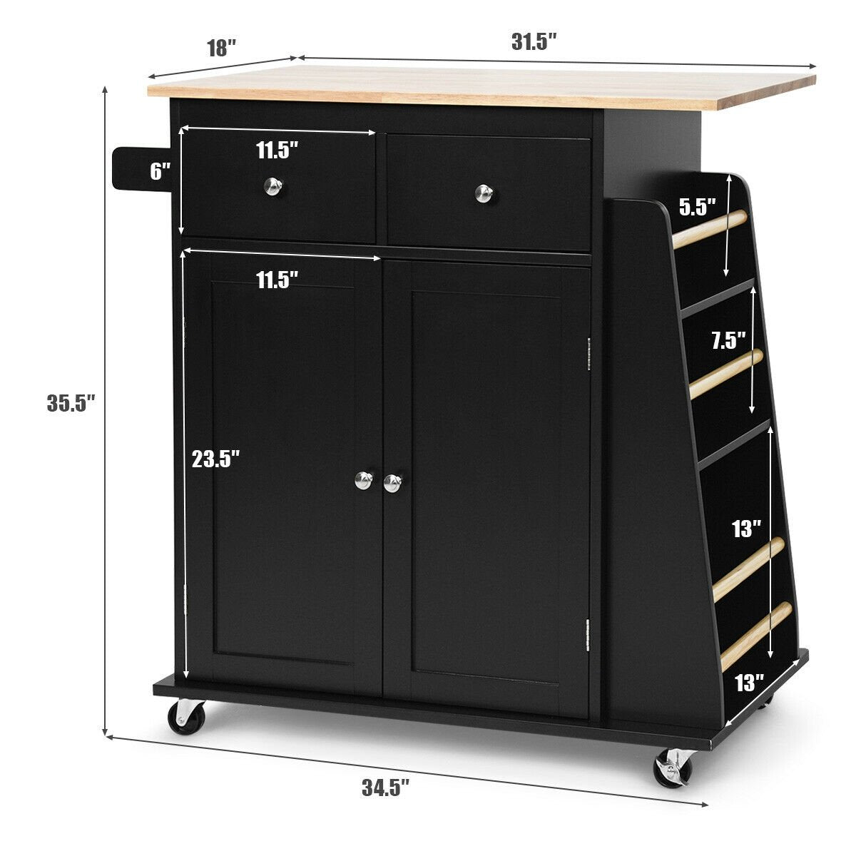 Rubber Wood Countertop Rolling Kitchen Island Cart, Black - Gallery Canada