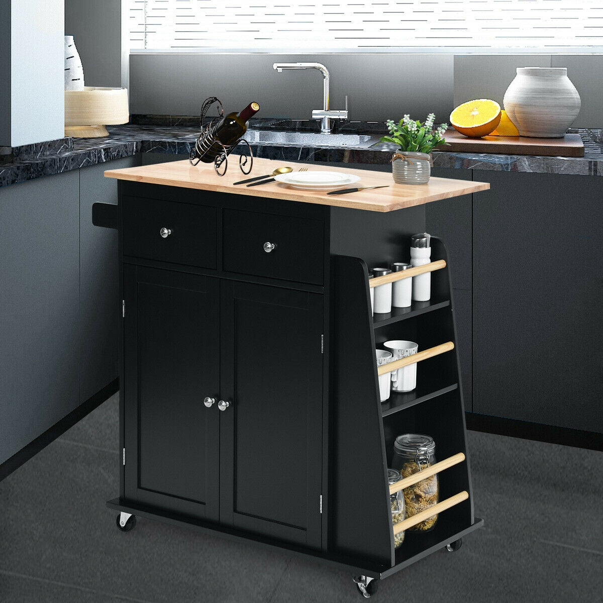 Rubber Wood Countertop Rolling Kitchen Island Cart, Black Kitchen Islands & Carts at Gallery Canada