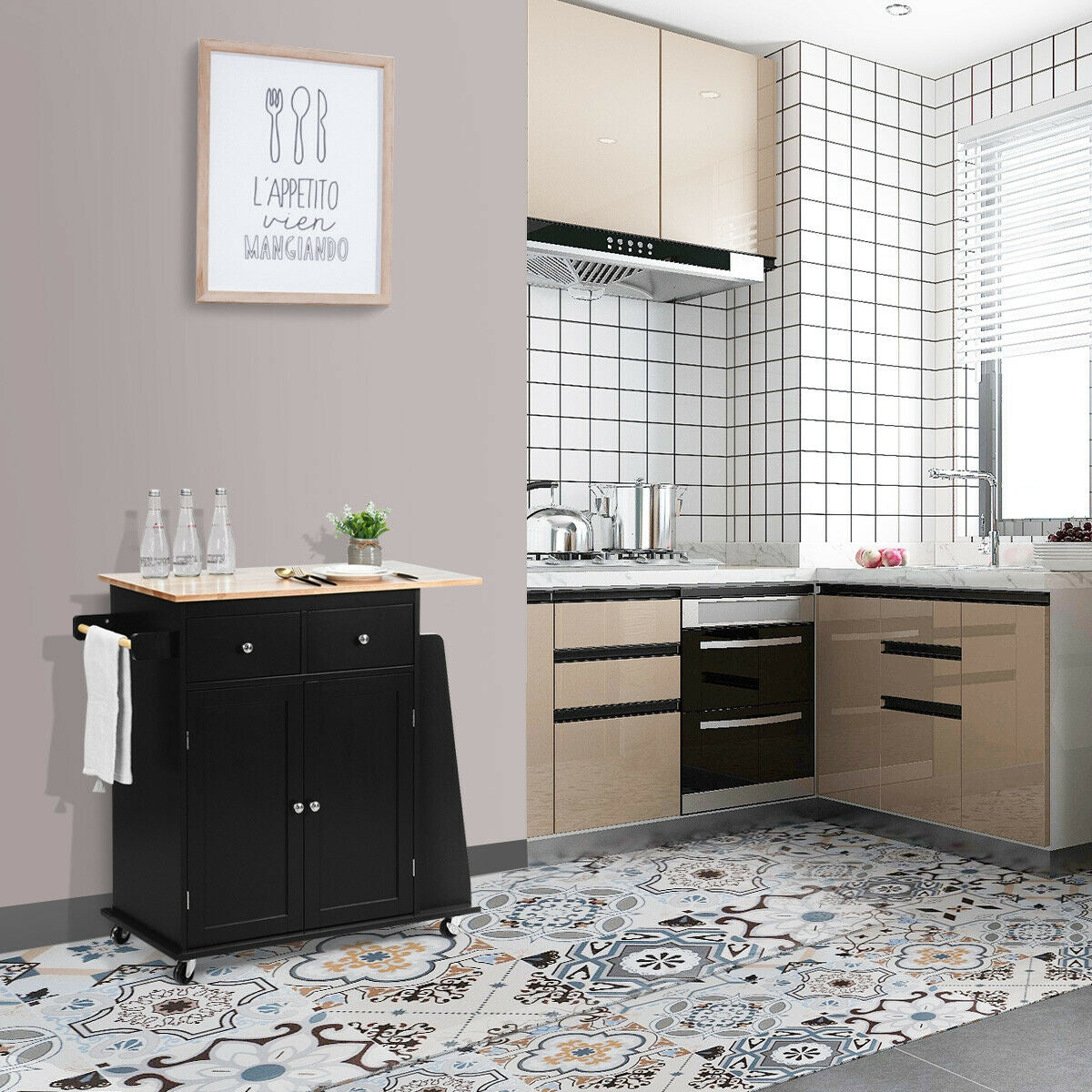 Rubber Wood Countertop Rolling Kitchen Island Cart, Black Kitchen Islands & Carts at Gallery Canada