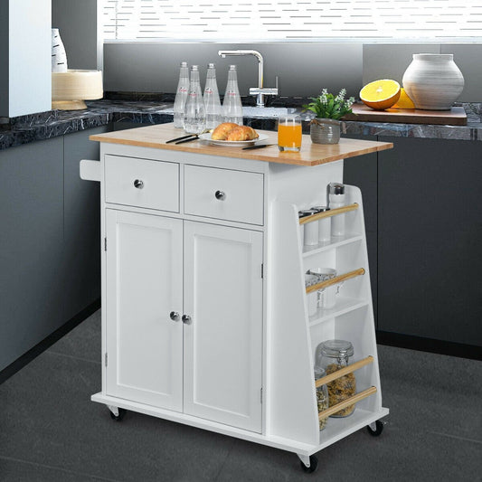 Rubber Wood Countertop Rolling Kitchen Island Cart, White - Gallery Canada