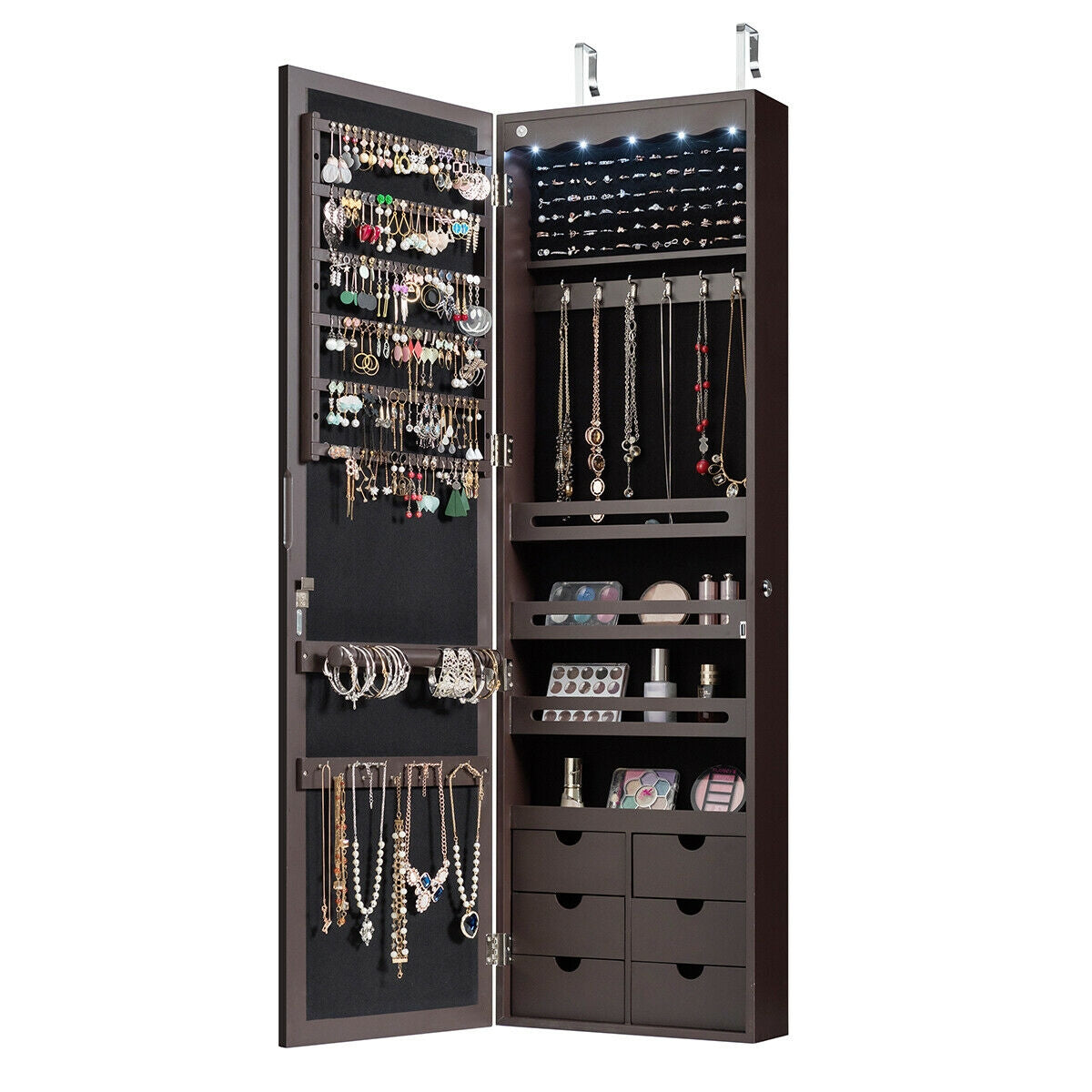 5 LEDs Lockable Mirror Jewelry Cabinet Armoire with 6 Drawers, Brown Jewelry Armoires at Gallery Canada