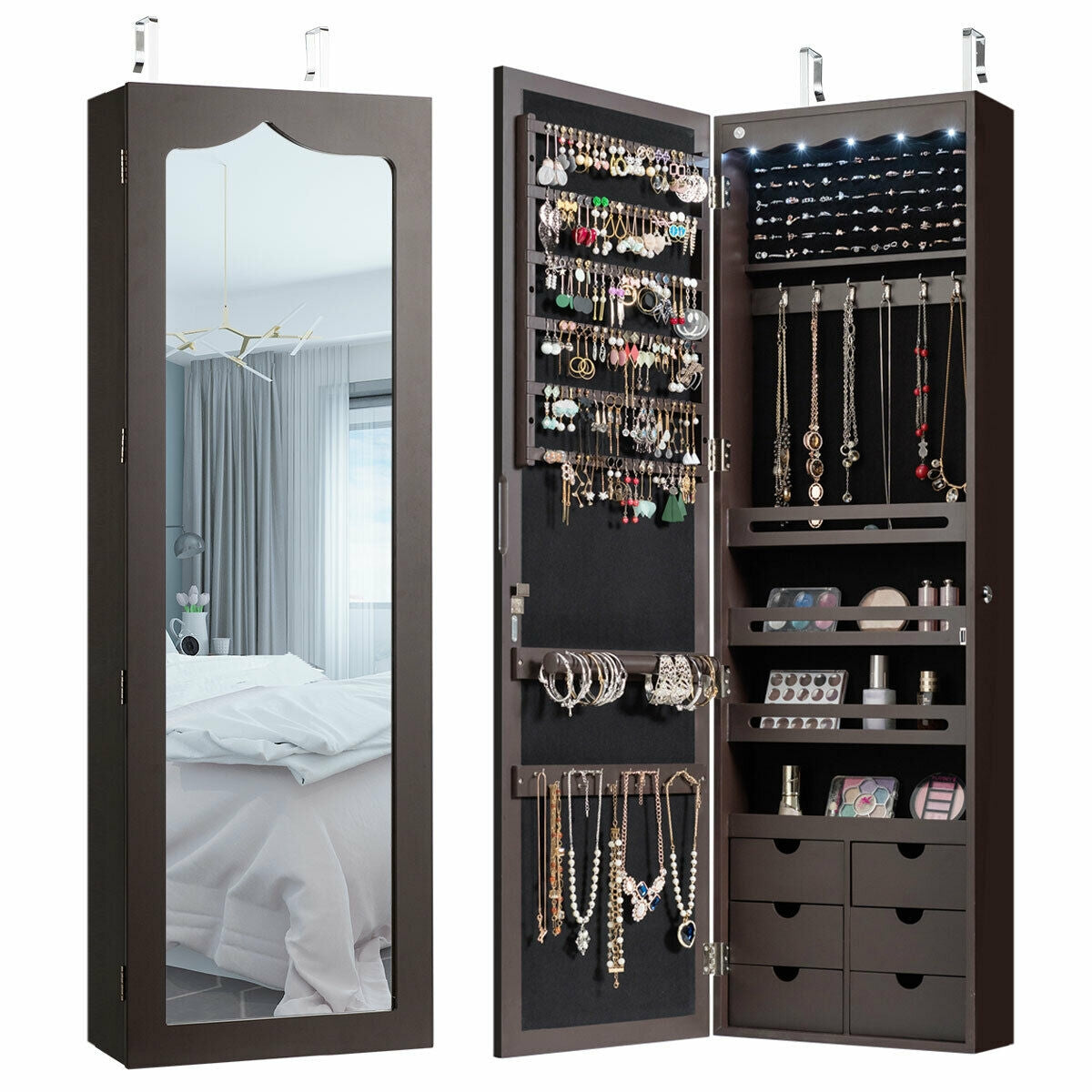5 LEDs Lockable Mirror Jewelry Cabinet Armoire with 6 Drawers, Brown Jewelry Armoires at Gallery Canada