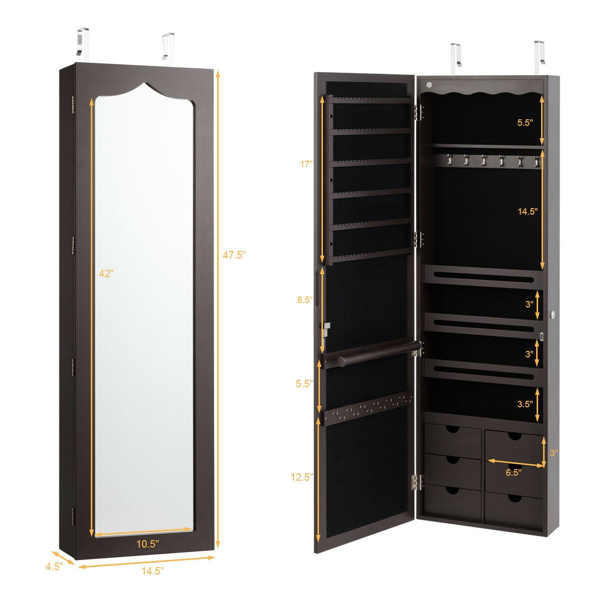 5 LEDs Lockable Mirror Jewelry Cabinet Armoire with 6 Drawers, Brown Jewelry Armoires at Gallery Canada